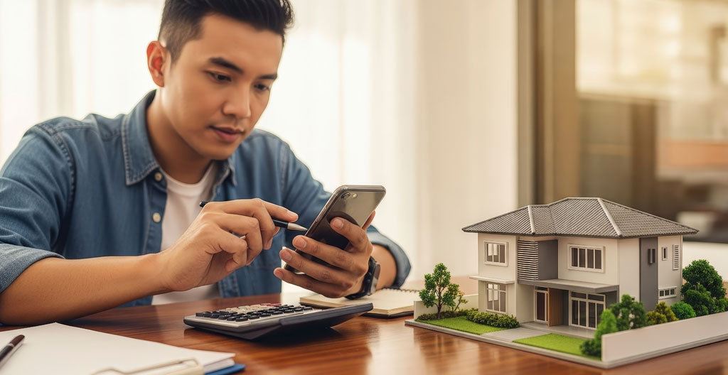 Personne calculant les économies potentielles sur son assurance emprunteur avec un smartphone