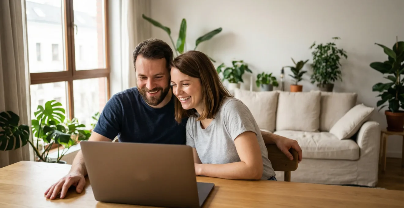 Couple français trentenaire consultant une assurance emprunteur sur ordinateur portable dans leur salon lumineux