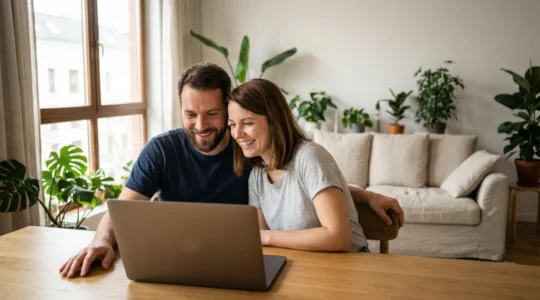Couple français trentenaire consultant une assurance emprunteur sur ordinateur portable dans leur salon lumineux