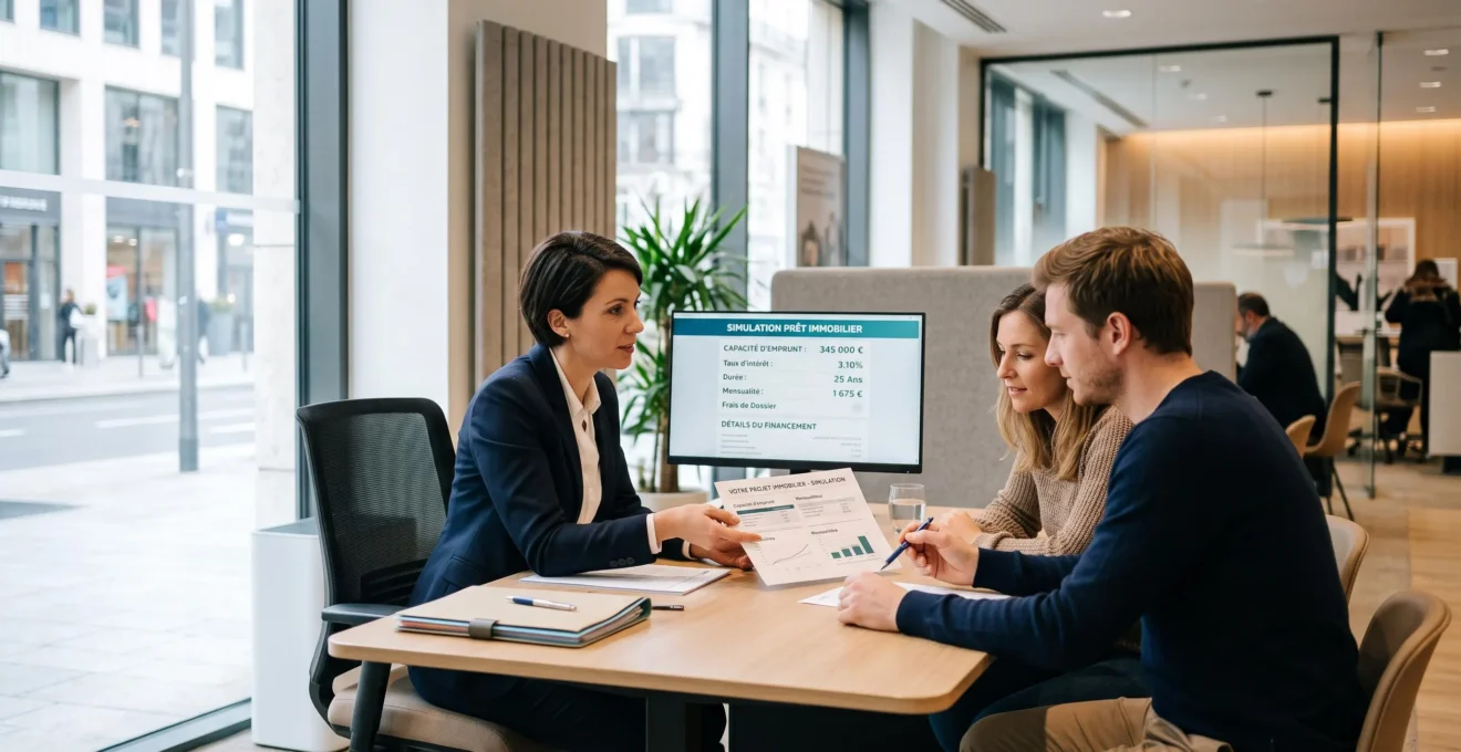 Conseiller bancaire présentant une simulation de crédit immobilier à un couple dans un bureau d'agence moderne, documents et écran affichant les calculs de capacité d'emprunt en français