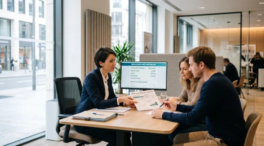 Conseiller bancaire présentant une simulation de crédit immobilier à un couple dans un bureau d'agence moderne, documents et écran affichant les calculs de capacité d'emprunt en français