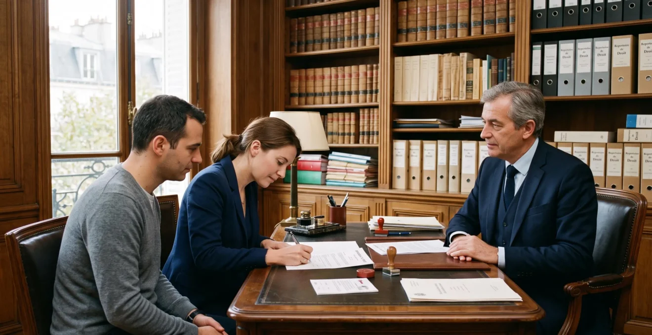 Couple signant un compromis de vente devant un notaire dans une étude notariale française, document officiel posé sur le bureau en bois