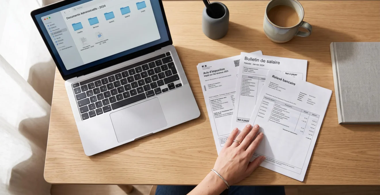 Vue de dessus d'une main organisant des documents financiers français sur un bureau : bulletin de salaire, avis d'imposition et relevé bancaire, avec ordinateur portable ouvert
